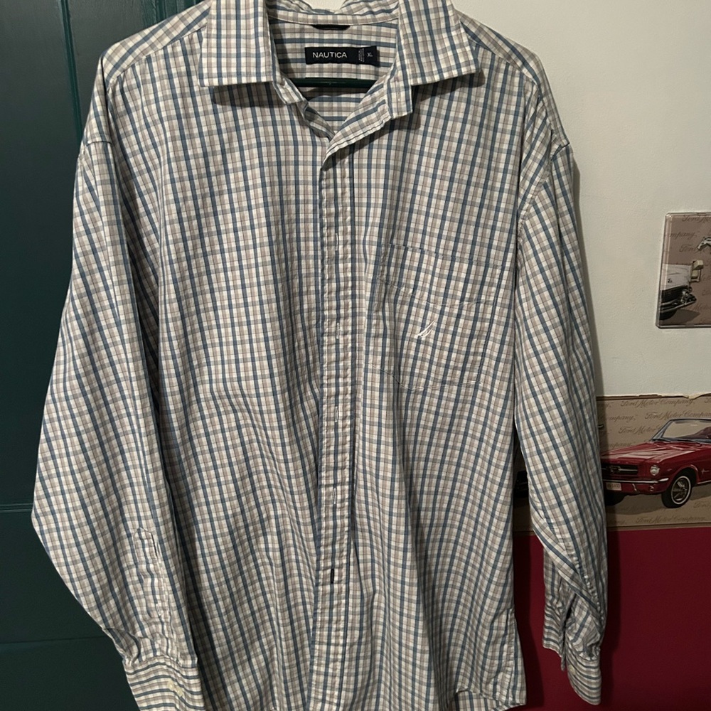 Nautica Blue and White Dress Shirt with Classic Collar